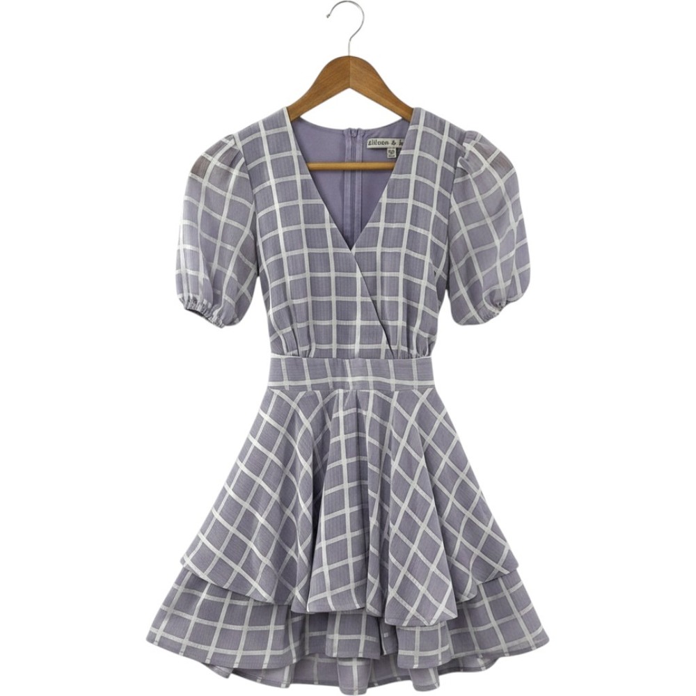 Allison & Kelly Purple Plaid Mini Dress Puff Sleeve‎ Tiered Skirt XS